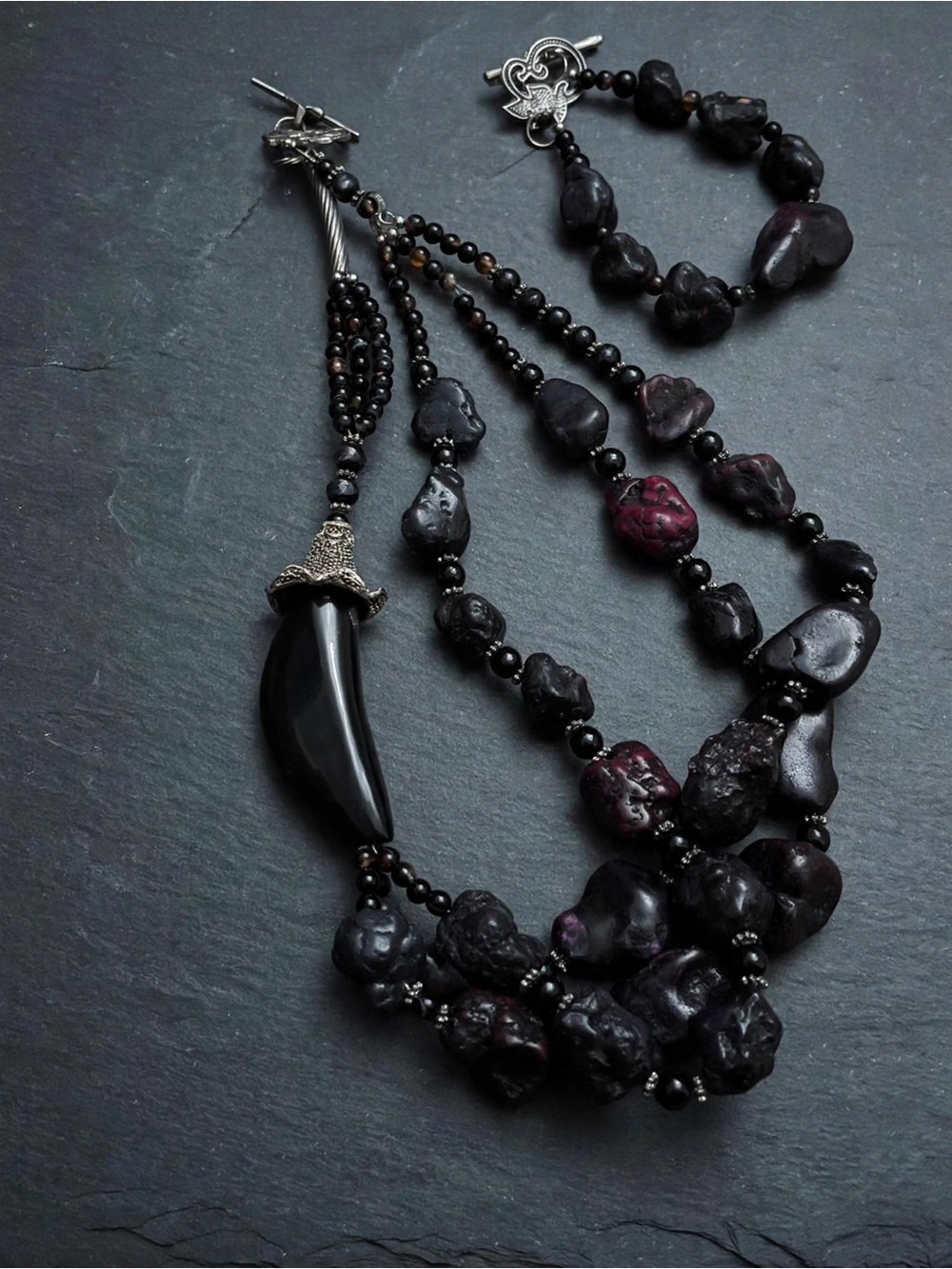 Black Stone Bead & Horn Pendant Necklace + Bracelet